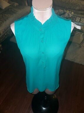 LOFT Teal Sleeveless Ruffled Henley Blouse